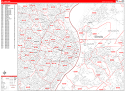 St. Louis Wall Map Zip Code Red Line Style 2026